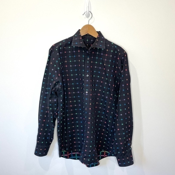 Bugatchi Black Classic Fit Multi-Color Square Print Button Up Short - Picture 1 of 7
